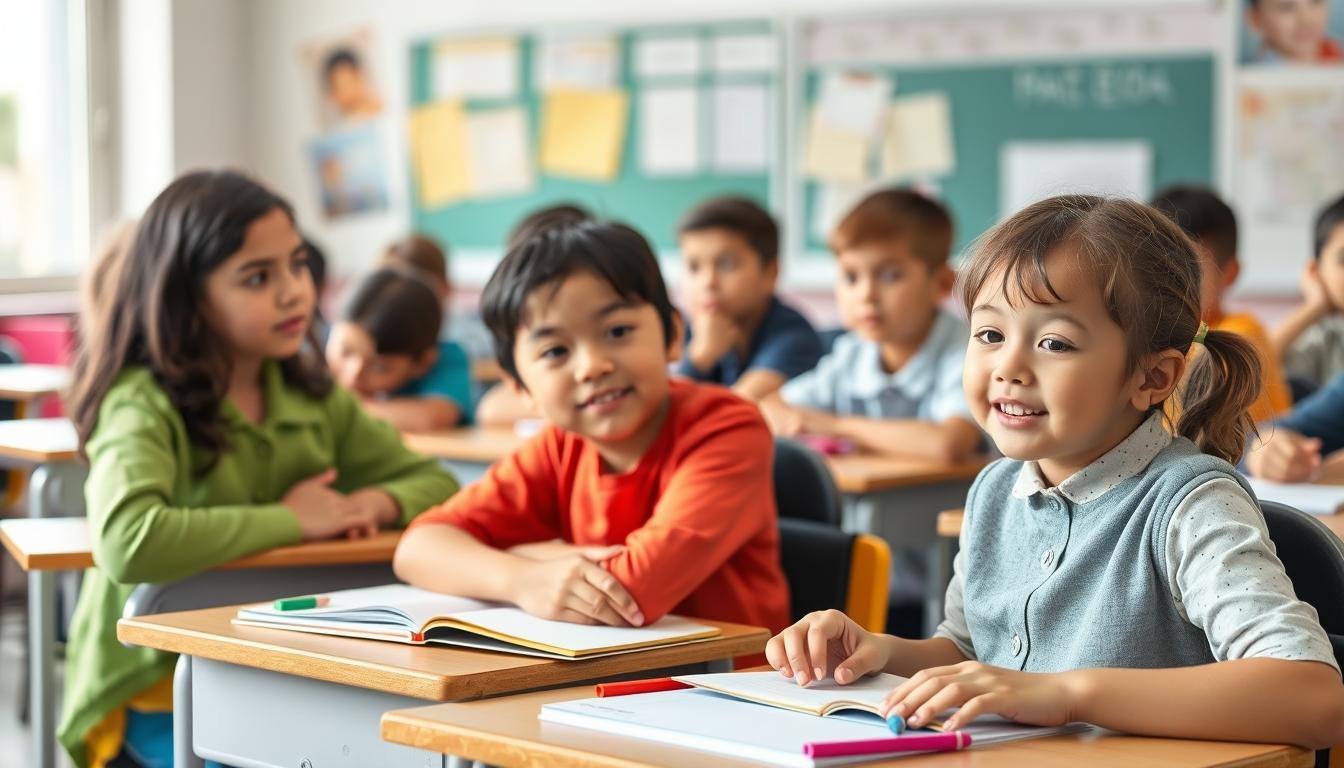 Students studying together in modern classroom